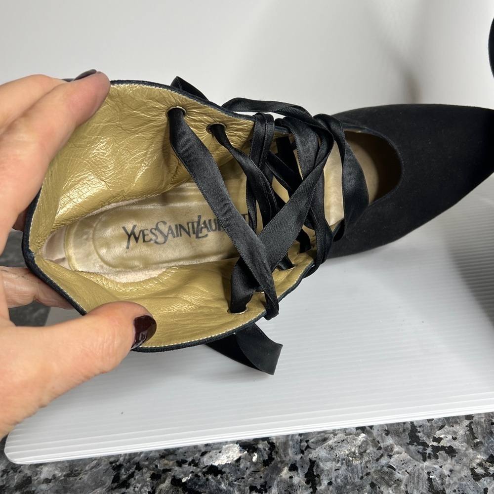 Yves Saint Laurent YSL Sz 9 Black Sude Silk Lace Up Ankle Heel Boots with Box - Picture 11 of 14